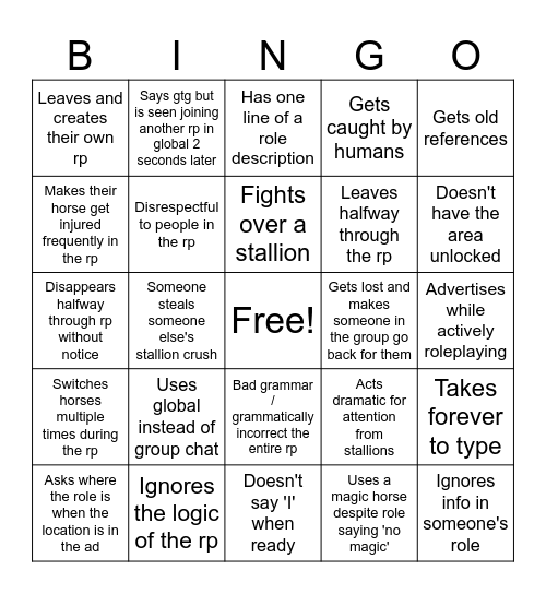 Star Stable RP Bingo Card