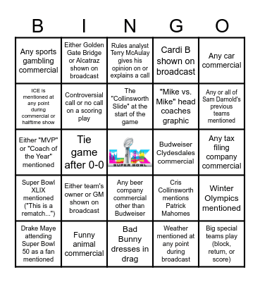 Super Bowl LX Bingo Card