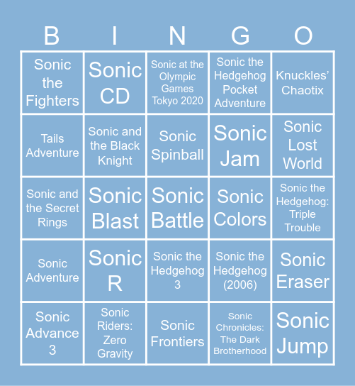 Sonic Games Bingo Card