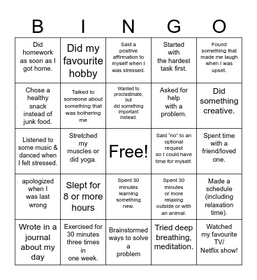 Mental Health Bingo Card