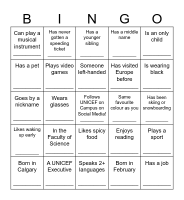UNICEF on Campus Bingo Card