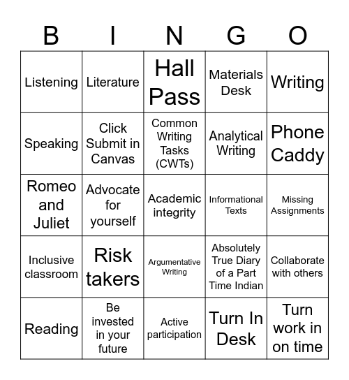 English 9B Bingo Card