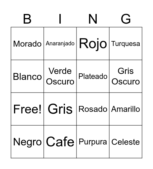 COLORES Bingo Card