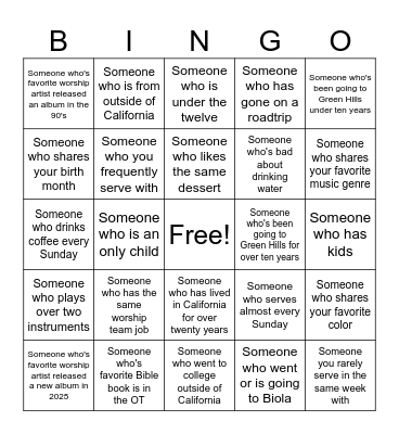 Worship Team Bingo! Bingo Card