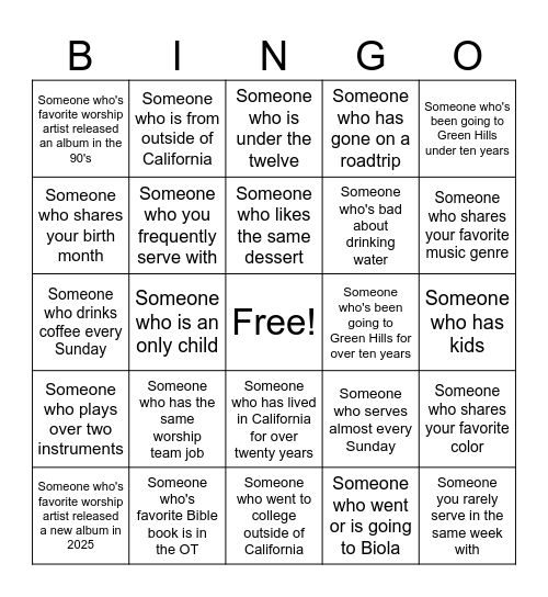 Worship Team Bingo! Bingo Card