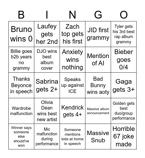Grammy Bingo Card