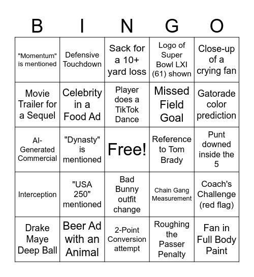 Super Bowl LX 2026 Bingo Card