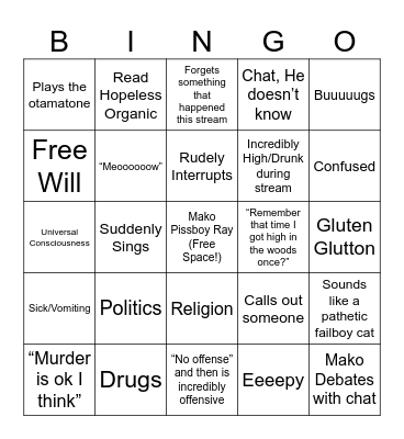 Mako Makoisms Bingo Card