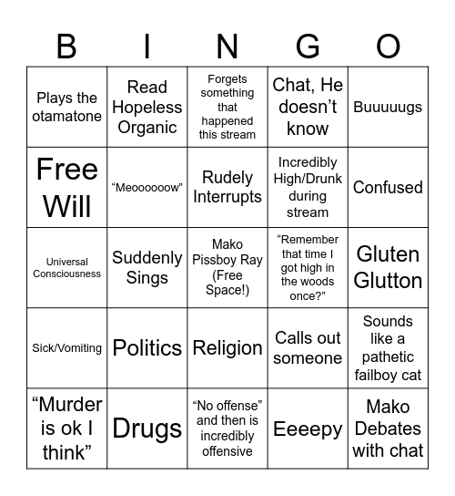 Mako Makoisms Bingo Card