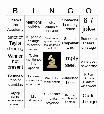 2026 Grammys Bingo Card