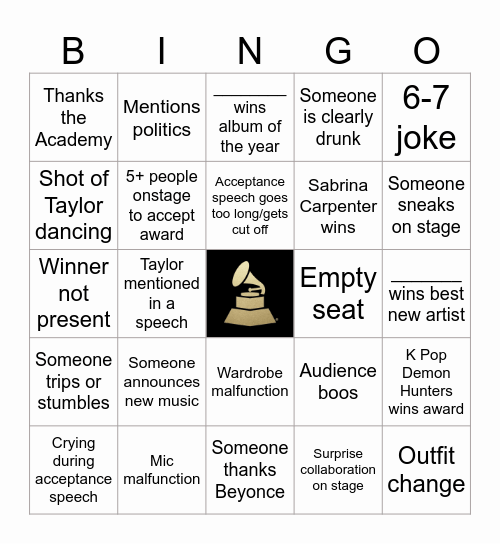 2026 Grammys Bingo Card