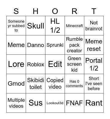 Yt shorts bingo Card