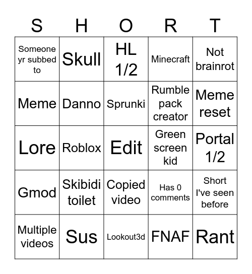 Yt shorts bingo Card