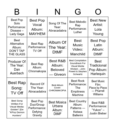 Grammy 2026 Bingo Card