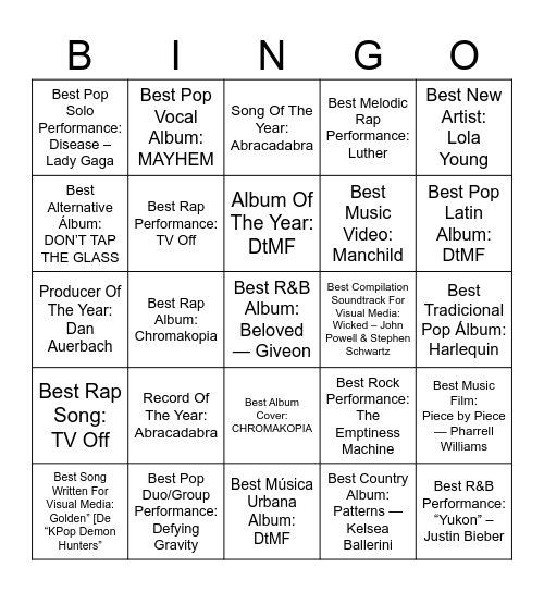 Grammy 2026 Bingo Card