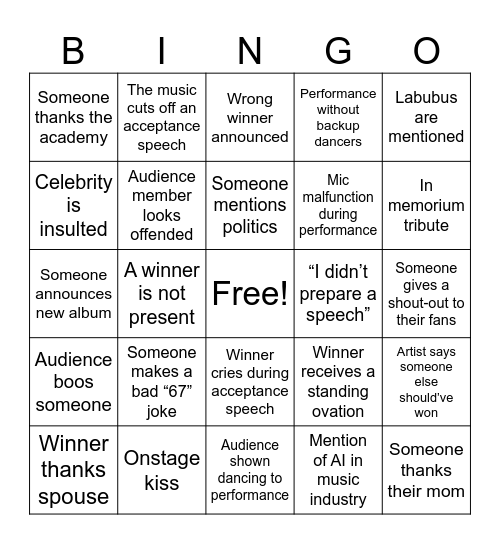 Grammy's Bingo Card