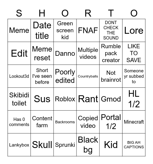 Yt shorts bingo Card