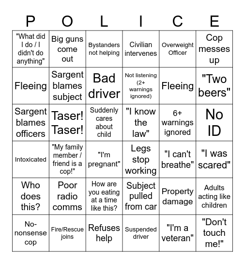 Bodycam Bingo Card