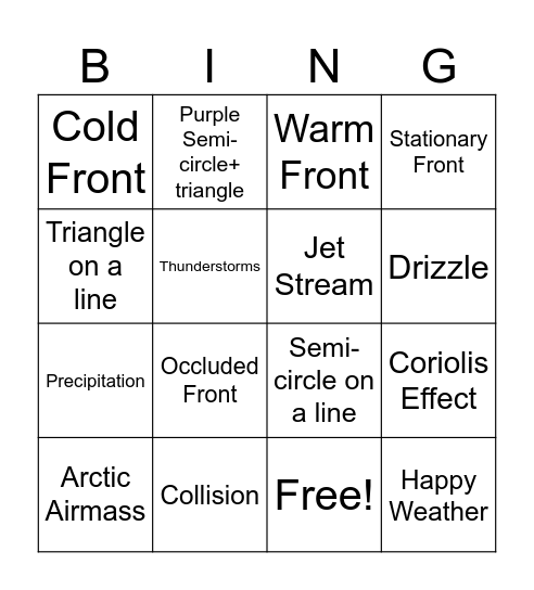 Weather Front Bingo Card