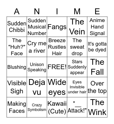 Anime Club Bingo Card