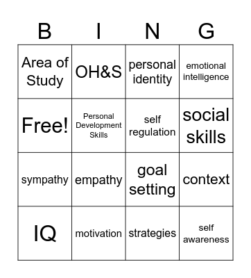 PDS Peronal Identity and Emotional Intelligence Bingo Card