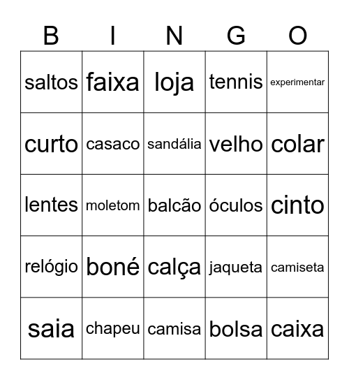 Vocabulário da Roupa Bingo Card