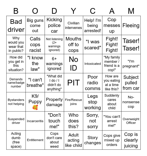 Bodycam Bingo Card