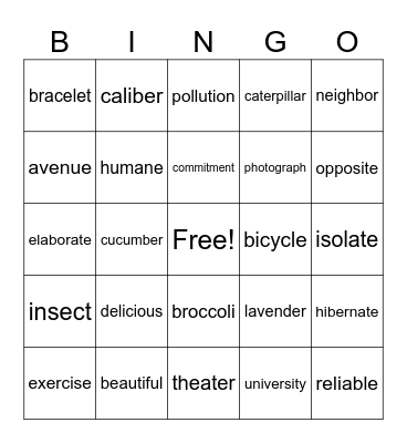 Multisyllabic Word Bingo Card