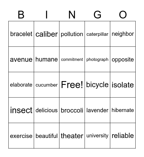 Multisyllabic Word Bingo Card