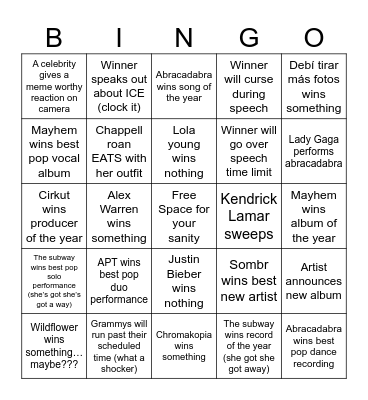 Grammys Bingo Card