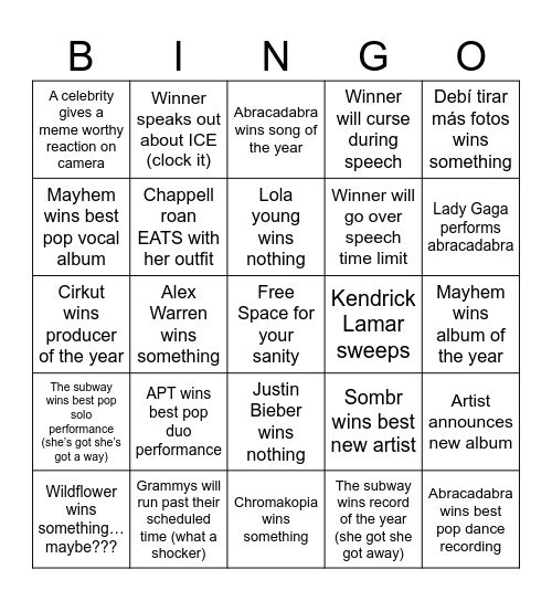 Grammys Bingo Card