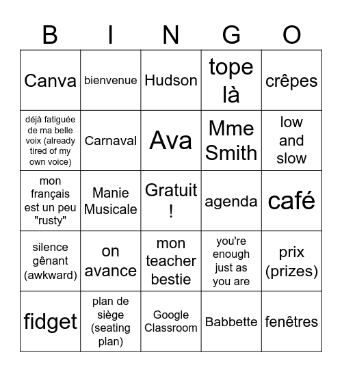 J'ai entendu (I heard)... Bingo Card