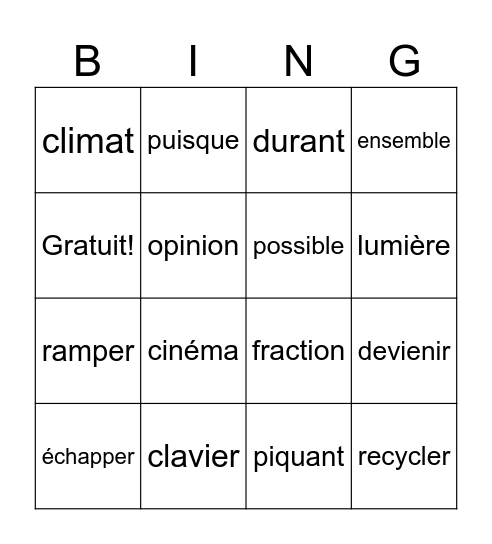 Les mots de la semaine Bingo Card