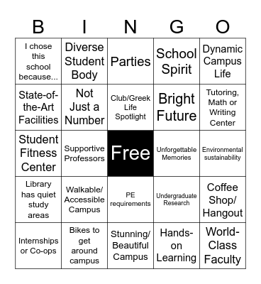 College Tour Bingo Card