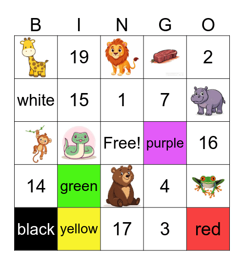 Numbers, Colors, and Animals Bingo Card
