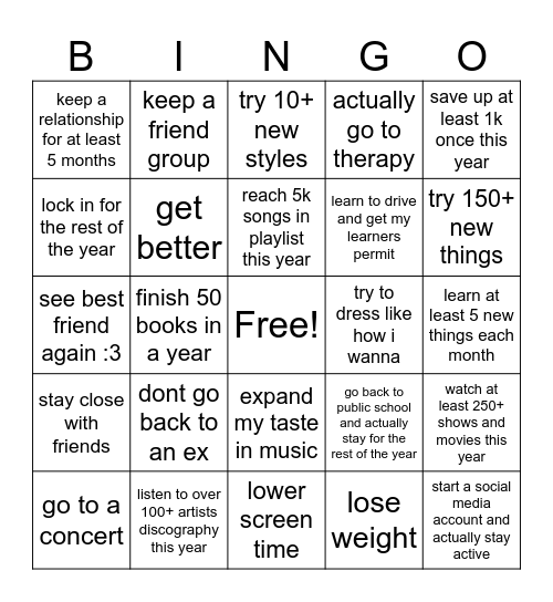 yearly bingo Card