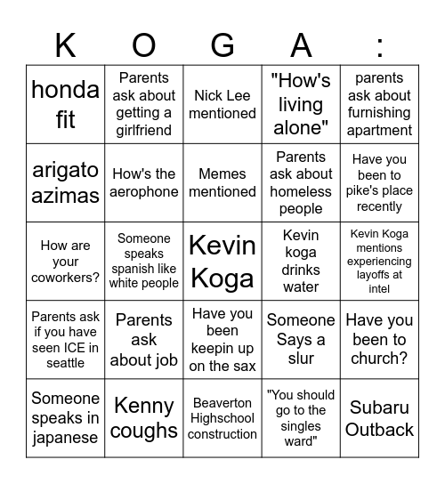 Koga Family Meeting Bingo Card