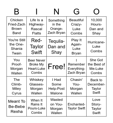 Most Streamed Country Songs Of All Time Bingo Card