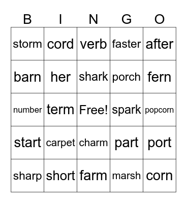 /ar/ /or/ /er/ Bingo Card