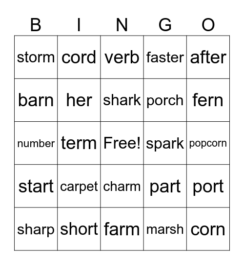 /ar/ /or/ /er/ Bingo Card