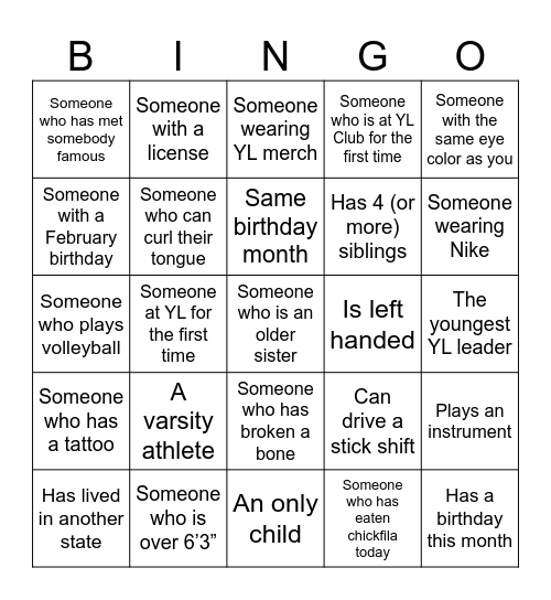 Nampa Young Life BINGO Card