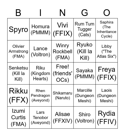 Blorbos Bingo Card