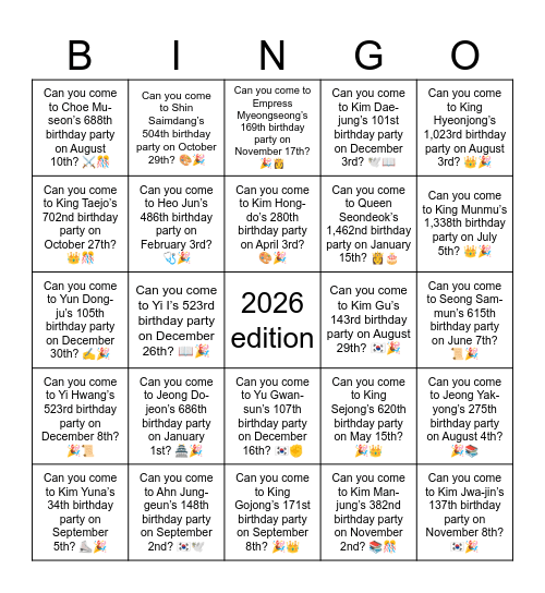 B8 L4 Can you come to Yi I’s 523rd birthday party on December 26th? 📖🎉 Bingo Card