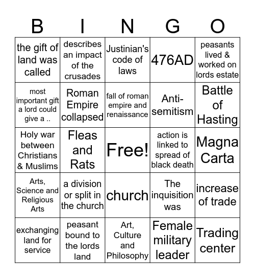 Middle Ages  Bingo Card