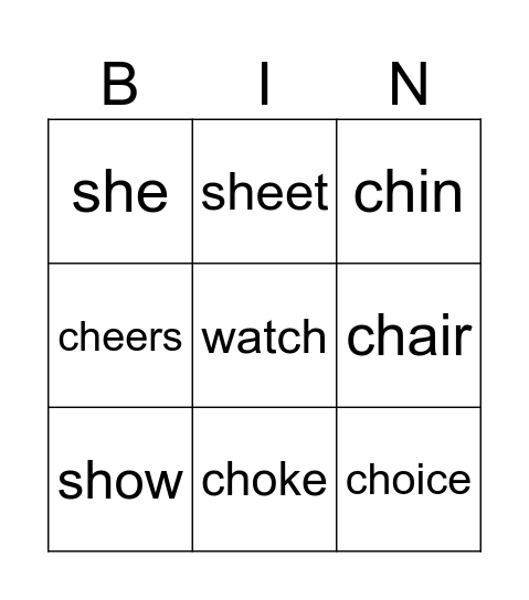 /sh/ and /ch/ Bingo Card