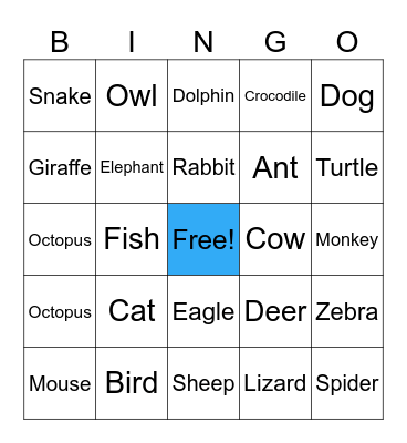 Animals Bingo! Bingo Card