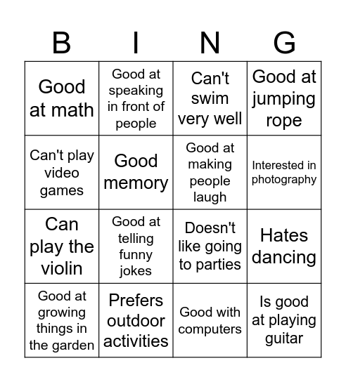 Interests & Hobbies Bingo Card