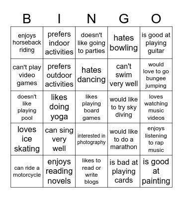 Interests & Hobbies Bingo Card