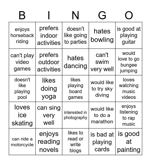 Interests & Hobbies Bingo Card