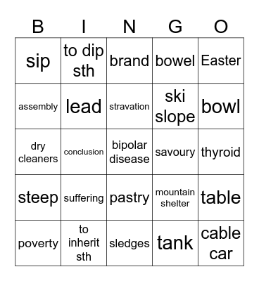 Vocabulary revision Bingo Card